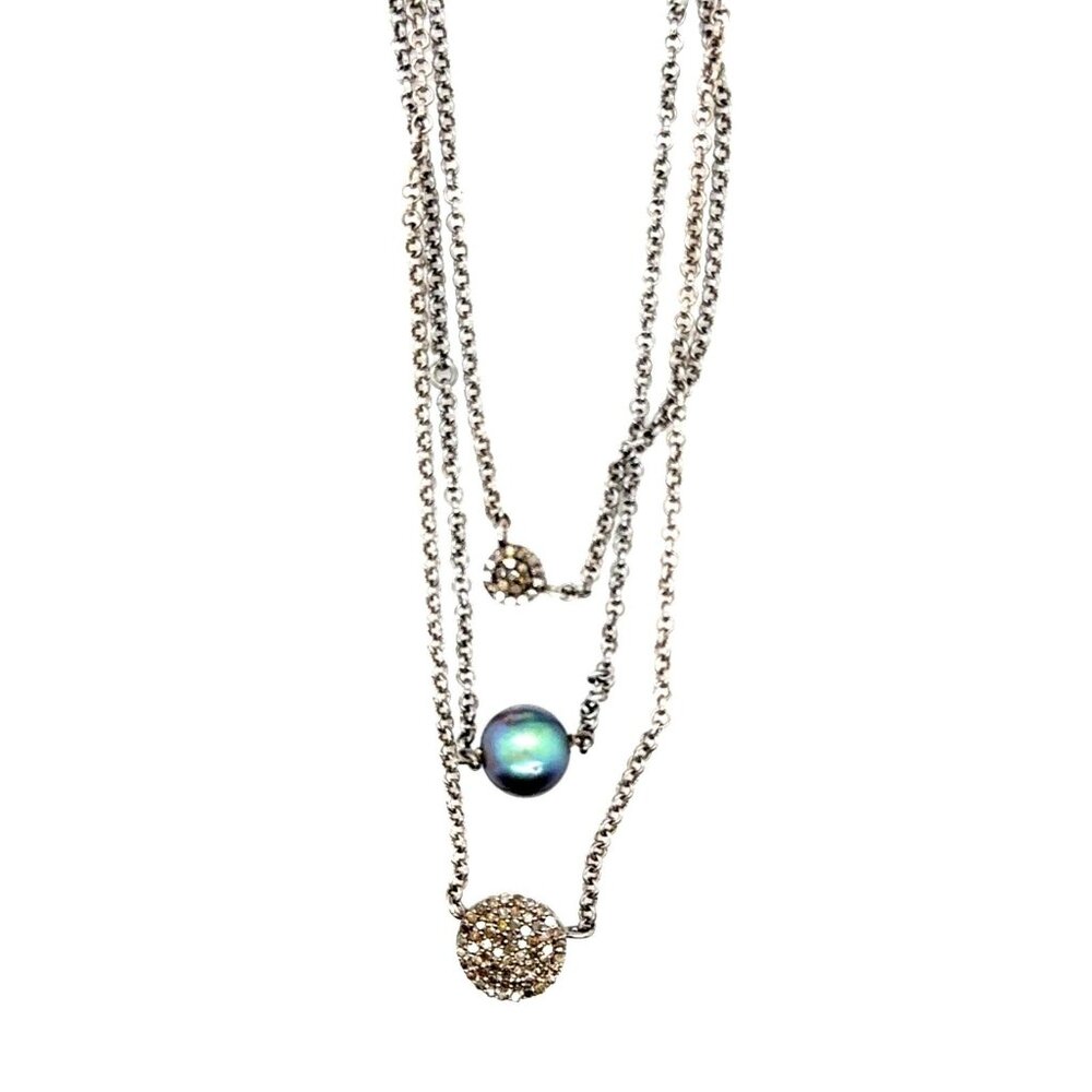 3 Strand‎ Black Pearl/Pave Diamonds Black 925 Necklace